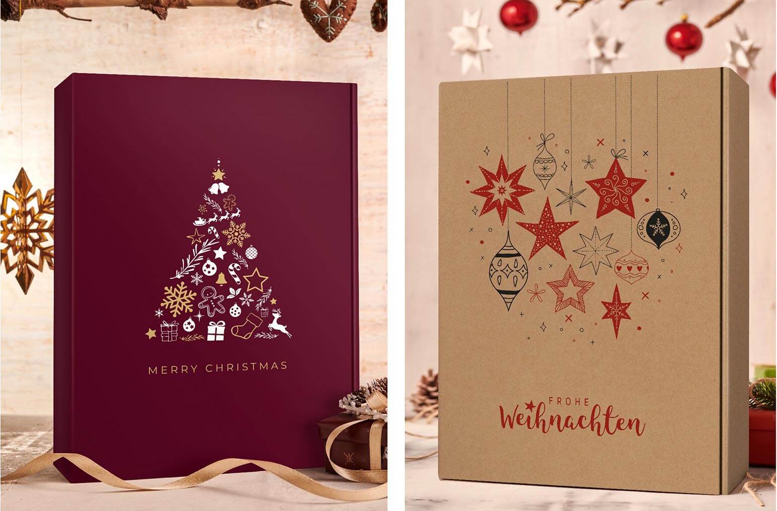 Geschenkkarton Merry Christmas und Kraftpapier Frohe Weihnachten